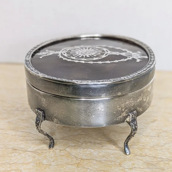 Vintage Tortoise Shell Pattern Silver Tone Metal Oval Jewelry Lidded Box - Picture 7 of 15